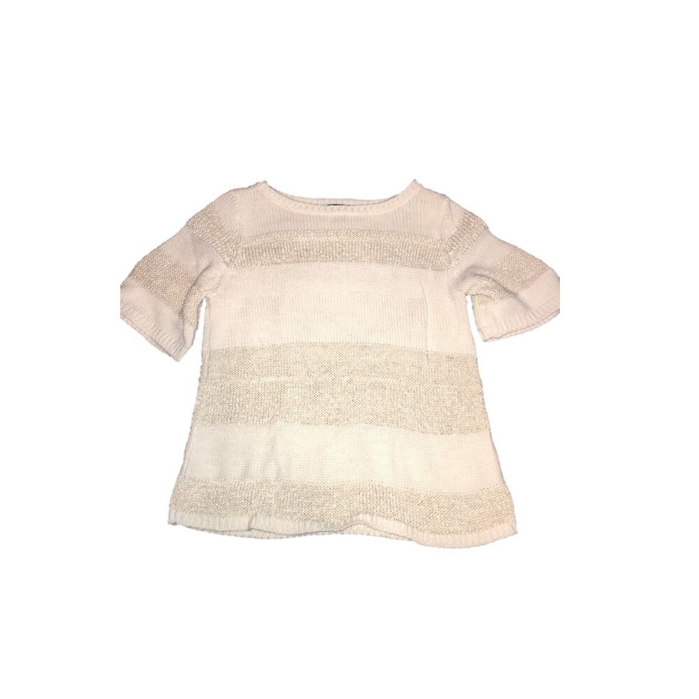 Ann Taylor sweater Womens Medium Petite cream glitter striped knit short sleeve